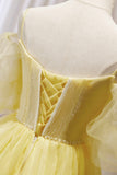 Yellow Lace Short Prom Dress, Off the Shoulder Homecoming Dress HZ0429