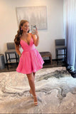 Pink V-Neck Sequins Short Prom Dresses, A-Line Party Dresses HZ0429