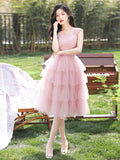 Pink Tulle Knee Length Party Dress, Pink A-Line Evening Homecoming Dress HZ0429