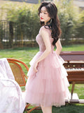 Pink Tulle Knee Length Party Dress, Pink A-Line Evening Homecoming Dress HZ0429