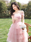 Pink Tulle Knee Length Party Dress, Pink A-Line Evening Homecoming Dress HZ0429