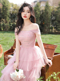 Pink Tulle Knee Length Party Dress, Pink A-Line Evening Homecoming Dress HZ0429