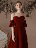 Burgundy Velvet Floor Length Prom Dress, Beautiful Spaghetti Strap Evening Party Dress HZ0429