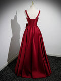 Burgundy Satin Long Prom Dress with Flowers, Elegant A-Line Party Dress HZ0429