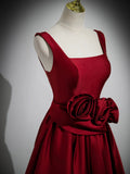 Burgundy Satin Long Prom Dress with Flowers, Elegant A-Line Party Dress HZ0429