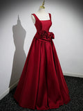Burgundy Satin Long Prom Dress with Flowers, Elegant A-Line Party Dress HZ0429