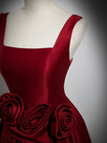 Burgundy Satin Long Prom Dress with Flowers, Elegant A-Line Party Dress HZ0429