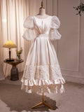 Beautiful Scoop Neck Tea Length Prom Dress, A-Line Puffy Short Sleeve Backless Party Dress HZ0429