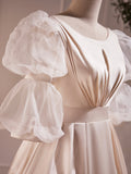Beautiful Scoop Neck Tea Length Prom Dress, A-Line Puffy Short Sleeve Backless Party Dress HZ0429