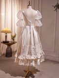 Beautiful Scoop Neck Tea Length Prom Dress, A-Line Puffy Short Sleeve Backless Party Dress HZ0429