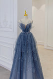 Blue Tulle Layers Straps Beaded Long Prom Dresses, A-Line Evening Dresses HZ0429