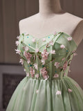 Green Tulle Beaded Party Dress, Green Short Prom Dress with Flowers HZ0429