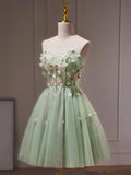 Green Tulle Beaded Party Dress, Green Short Prom Dress with Flowers HZ0429
