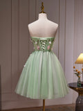 Green Tulle Beaded Party Dress, Green Short Prom Dress with Flowers HZ0429