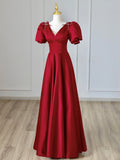 Burgundy V-Neck Satin Long Prom Dress, Burgundy Formal Evening Dress HZ0429