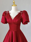 Burgundy V-Neck Satin Long Prom Dress, Burgundy Formal Evening Dress HZ0429