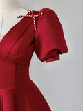 Burgundy V-Neck Satin Long Prom Dress, Burgundy Formal Evening Dress HZ0429