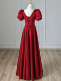 Burgundy V-Neck Satin Long Prom Dress, Burgundy Formal Evening Dress HZ0429