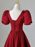 Burgundy V-Neck Satin Long Prom Dress, Burgundy Formal Evening Dress HZ0429
