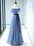 Strapless Tulle Blue Floor Length Prom Dress, A-Line Blue Evening Party Dress HZ0429