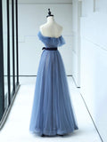 Strapless Tulle Blue Floor Length Prom Dress, A-Line Blue Evening Party Dress HZ0429