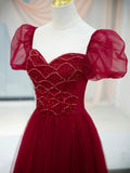 Burgundy Tulle Beaded Long Prom Dress, A-Line Short Sleeve Evening Dress HZ0429
