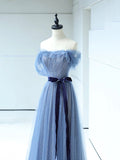Strapless Tulle Blue Floor Length Prom Dress, A-Line Blue Evening Party Dress HZ0429