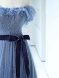 Strapless Tulle Blue Floor Length Prom Dress, A-Line Blue Evening Party Dress HZ0429