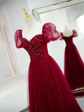 Burgundy Tulle Beaded Long Prom Dress, A-Line Short Sleeve Evening Dress HZ0429
