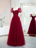 Burgundy Tulle Beaded Long Prom Dress, A-Line Short Sleeve Evening Dress HZ0429