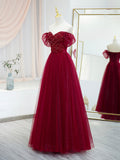 Burgundy Tulle Beaded Long Prom Dress, A-Line Short Sleeve Evening Dress HZ0429