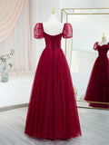 Burgundy Tulle Beaded Long Prom Dress, A-Line Short Sleeve Evening Dress HZ0429