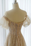A-Line Tulle Beaded Long Prom Dress, Champagne Short Sleeve Evening Dress HZ0429