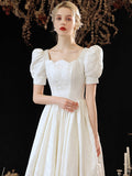 Cute Satin Long Prom Dress, A-Line Short Sleeve Evening Party Dress HZ0429