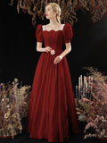 Cute Satin Long Prom Dress, A-Line Short Sleeve Evening Party Dress HZ0429