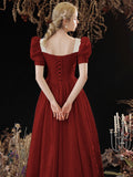 Cute Satin Long Prom Dress, A-Line Short Sleeve Evening Party Dress HZ0429