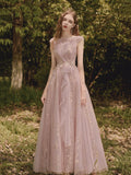 Pink Tulle Lace Long Prom Dress, Beautiful A-Line Evening Party Dress HZ0429
