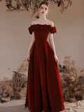 Burgundy Velvet Long Formal Evening Dress, A-Line Off the Shoulder Prom Dress HZ0429
