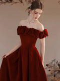 Burgundy Velvet Long Formal Evening Dress, A-Line Off the Shoulder Prom Dress HZ0429