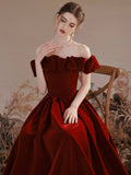 Burgundy Velvet Long Formal Evening Dress, A-Line Off the Shoulder Prom Dress HZ0429