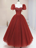 Burgundy Tulle Beaded Long Prom Dress, A-Line Short Sleeve Formal Dress HZ0429