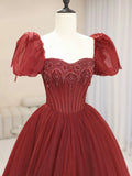 Burgundy Tulle Beaded Long Prom Dress, A-Line Short Sleeve Formal Dress HZ0429