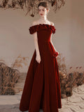 Burgundy Velvet Long Formal Evening Dress, A-Line Off the Shoulder Prom Dress HZ0429