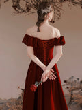 Burgundy Velvet Long Formal Evening Dress, A-Line Off the Shoulder Prom Dress HZ0429
