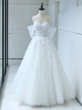 White Tulle Lace Long Prom Dress with Corset, Off the Shoulder Sweetheart Evening Dress HZ0429