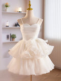 White Tulle Sweetheart Short Prom Dress, White Tulle Straps Party Dress HZ0429