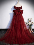 Burgundy V-Neck Satin Long Prom Dress, Mermaid Off Shoulder Evening Dress with Bow HZ0429