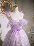 Lovely Spaghetti Strap Tulle Lace Short Prom Dress, Lavender A-Line Party Dress HZ0429