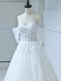 White Tulle Lace Long Prom Dress with Corset, Off the Shoulder Sweetheart Evening Dress HZ0429