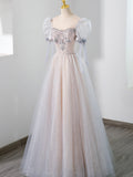 Cute Tulle Beaded Long Prom Dress, A-Line Short Sleeve Evening Dress HZ0429